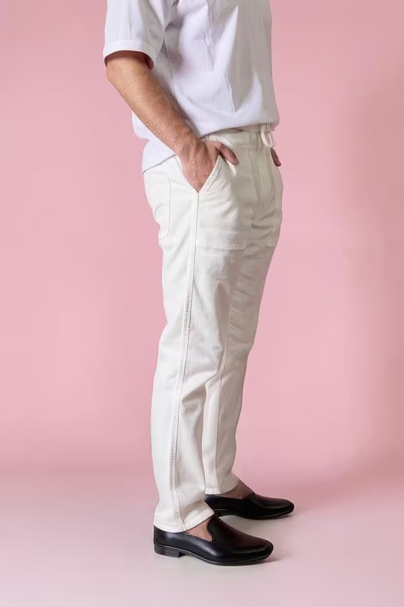 Solid White Cotton Regular Fit Men's Pants
